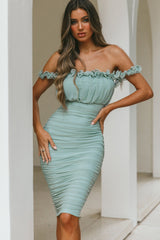 Senorita Off-Shoulder Lettuce Edge Detail Ruched Knee Length Dress Pistachio