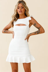 Dinner At 8 Cut-Out Bust Ruffle Shoulder Dress White
