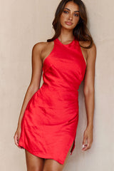 Sonoma Halterneck Faux Wrap Twist Back Mini Dress Flame Red