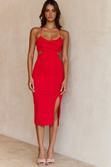 Shaken Not Stirred Cowl Neckline Criss-Cross Back Midi Dress Red
