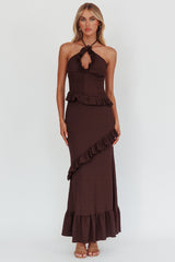 Clemence Smocked Frill Trim Maxi Dress Chocolate