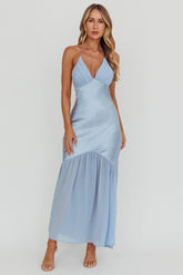 Aysah Chiffon Hem Halter Maxi Dress Light Blue