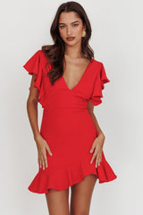 Cupid's Bow V-Neckline Ruffle Shoulder Bodycon Dress Red