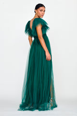 Heaven's Love Deep V-Neck Tulle Maxi Dress Hunter Green