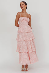 Provence Bloom Tiered Maxi Dress Jacquard Pink