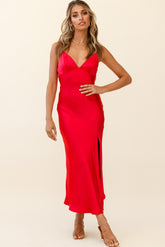 Downtown Cami Strap Front Split Midi Dress Wine