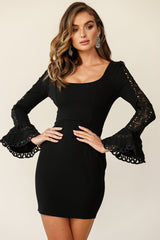 Jules Long Sleeve Flared Cuff Crochet Detail Dress Black