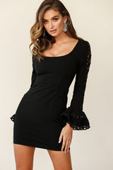 Jules Long Sleeve Flared Cuff Crochet Detail Dress Black