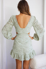 Santorini Sunset Balloon Sleeve Cut-Out Eyelet Dress Sage
