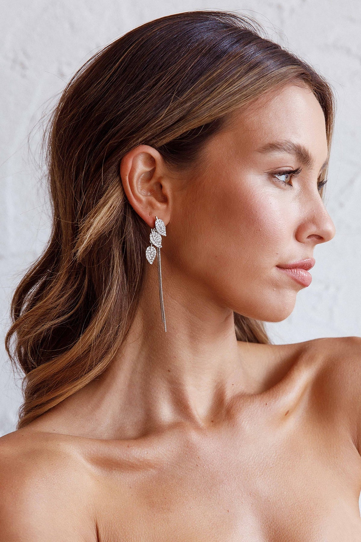 Zircon Leaves Tassel Drop Earrings Silver