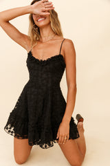 Summer Daze Frill Bust Floral Embroidered Overlay Dress Black