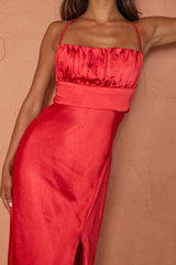 Lakoda Gathered Bust Bow Tie Back Midi Dress Red