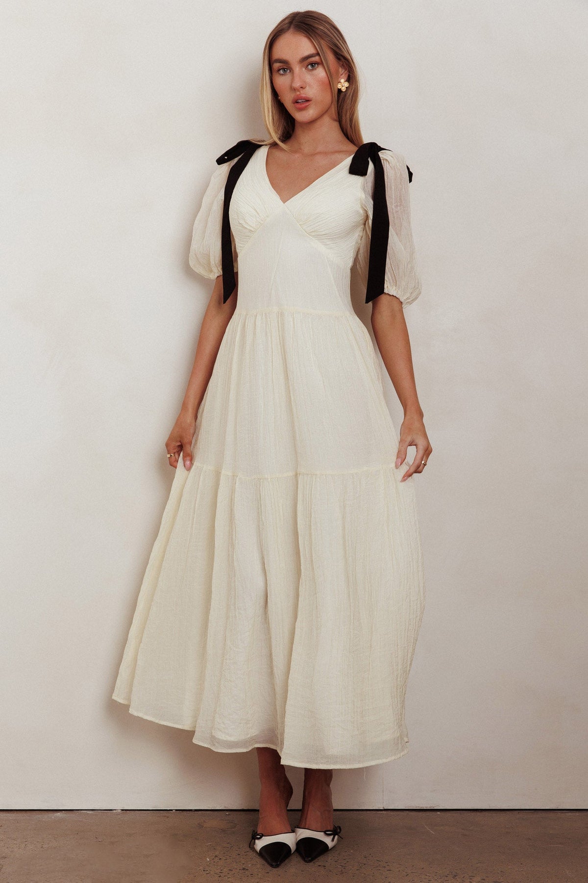 Sinta Bow Shoulder Puff Sleeve Maxi Dress Cream