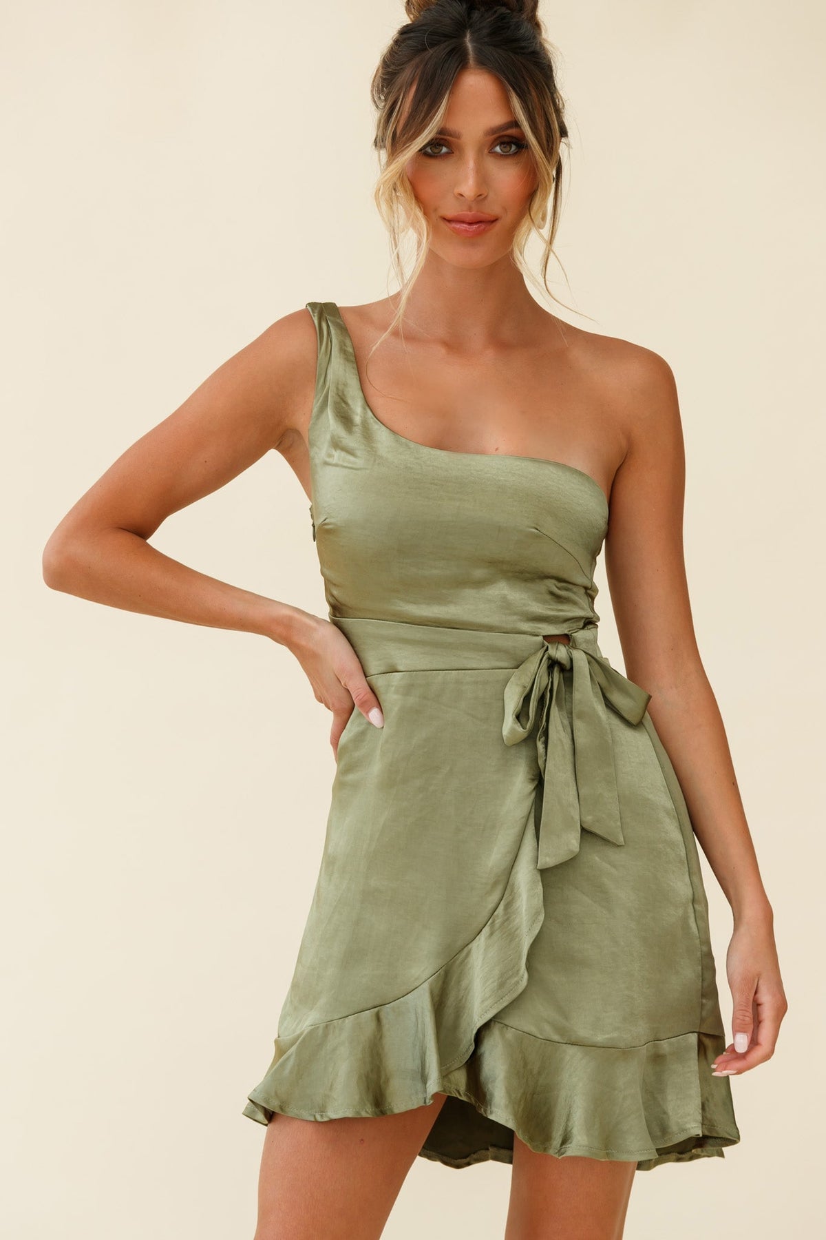 Waiting For Tonight One Shoulder Faux Wrap Dress Olive