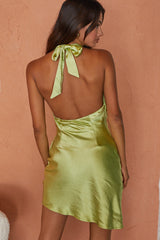 Made You Look Cowl Halterneck Satin Mini Dress Olive
