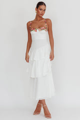 Rose Garden Tiered Ruffle Floral Trim Maxi Dress White